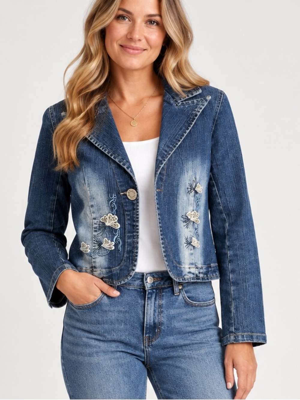 Azur 90s Y2K Blue Jean Denim Embroidered Cropped Jacket Size Small
